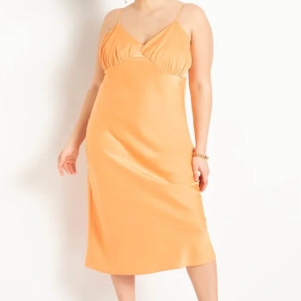 Eloquii Women's Sz 14 Midi Satin Slip Dress Cami Tangerine Orange V-Neck Stretch